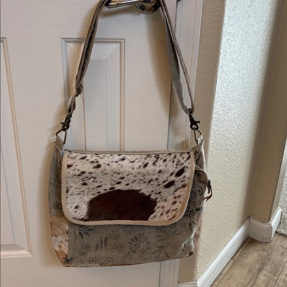 Cowhide And Leather Canvas Messenger Bag Featuring Genuine Hair and Leather Trim